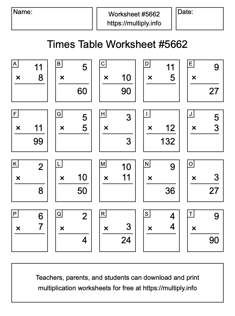 Times Table Worksheet #5662