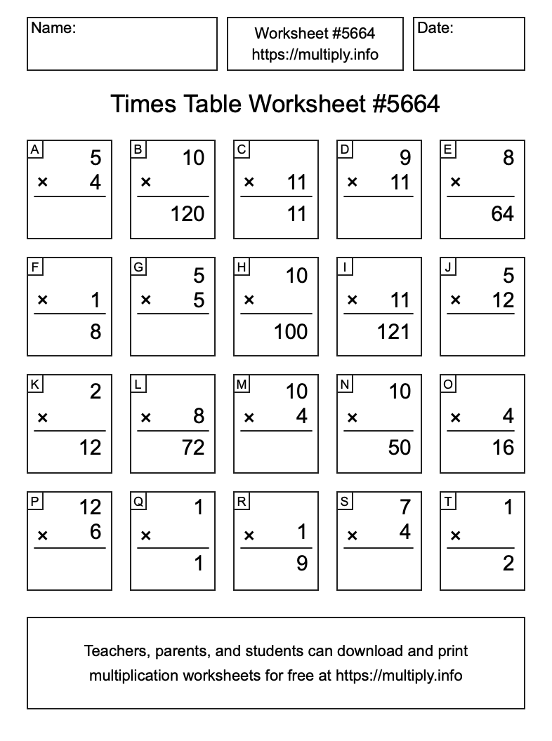 Times Table Worksheet #5664