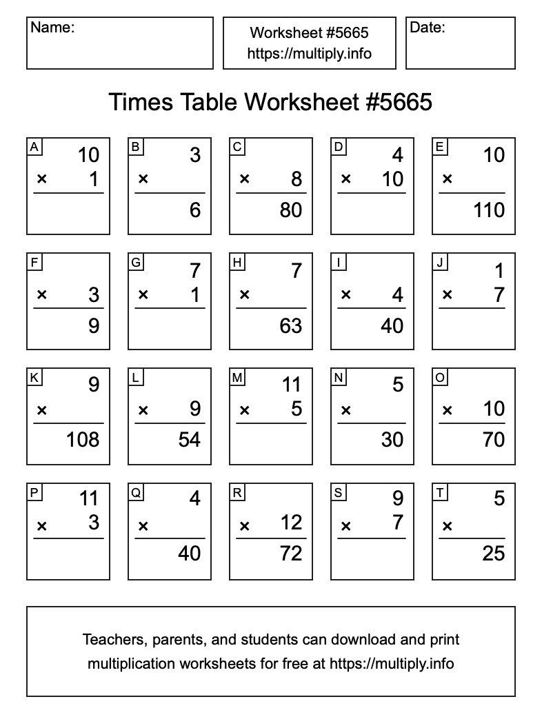 Times Table Worksheet #5665