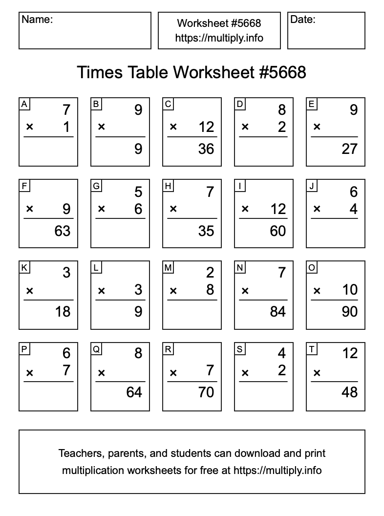 Times Table Worksheet #5668