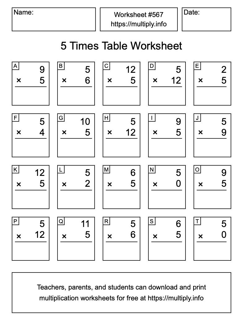 5 Times Table Worksheet #567