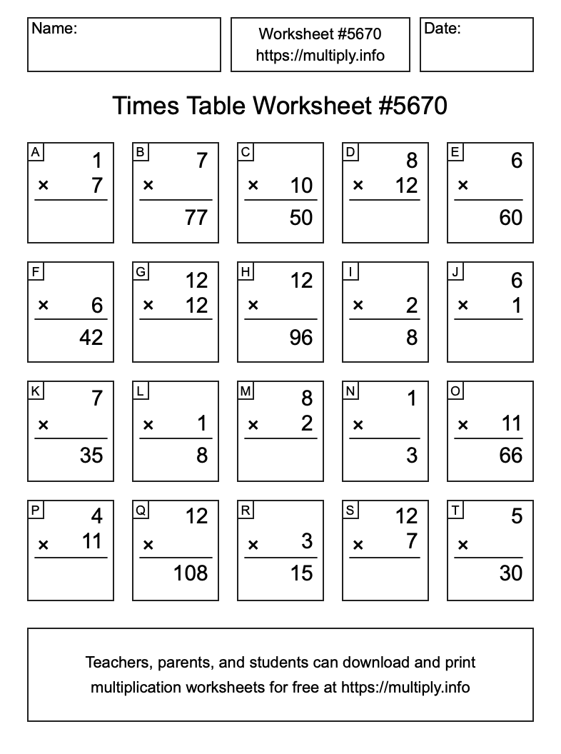Times Table Worksheet #5670
