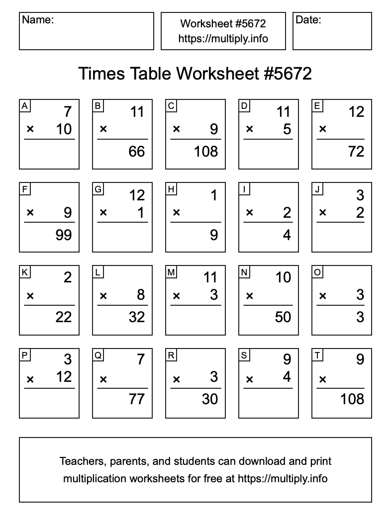 Times Table Worksheet #5672