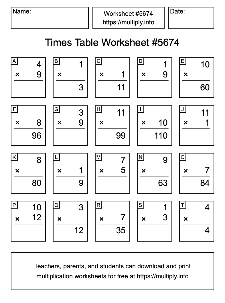 Times Table Worksheet #5674