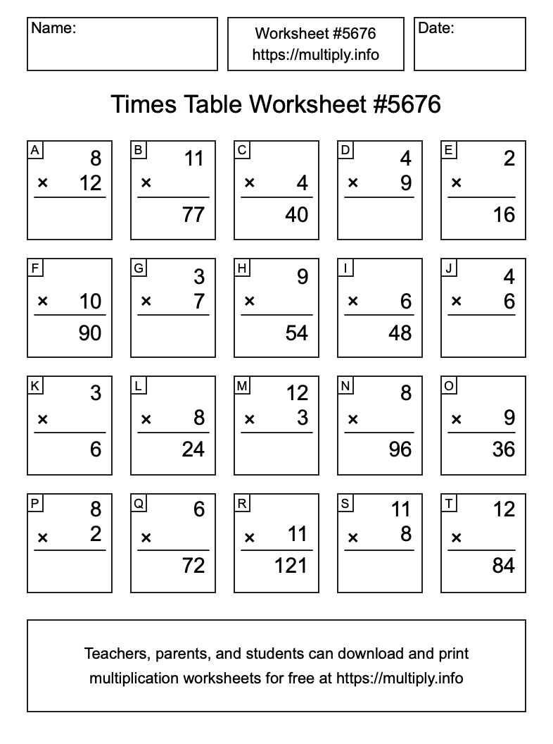 Times Table Worksheet #5676
