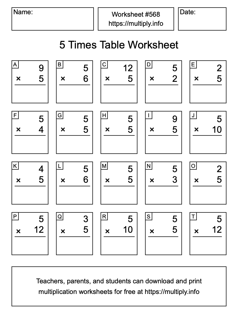 5 Times Table Worksheet #568