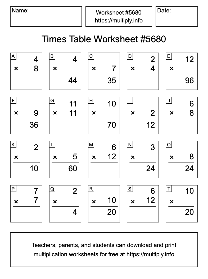 Times Table Worksheet #5680