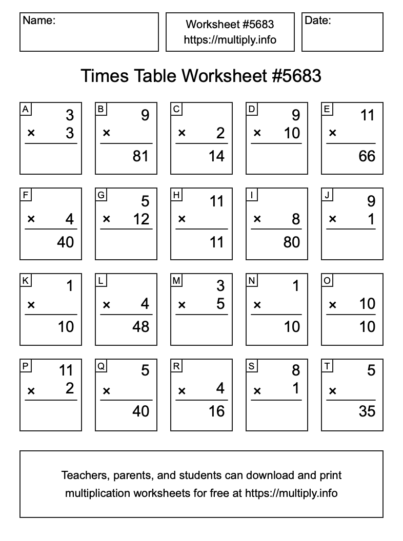 Times Table Worksheet #5683