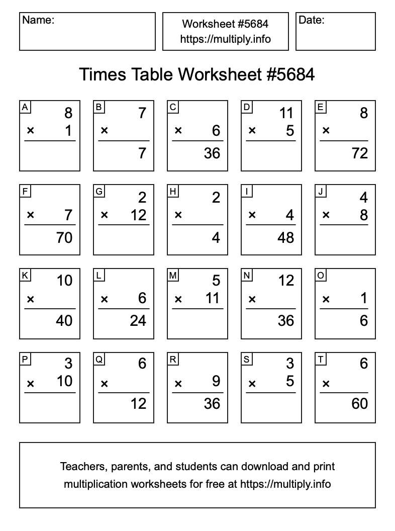 Times Table Worksheet #5684