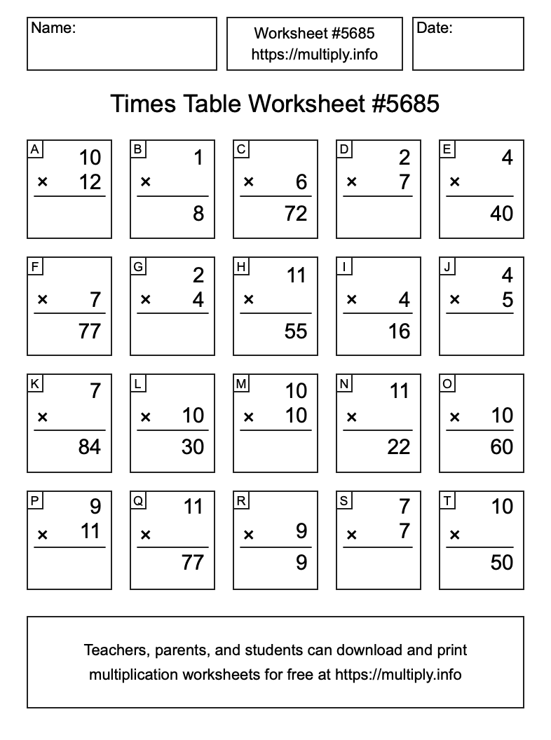 Times Table Worksheet #5685