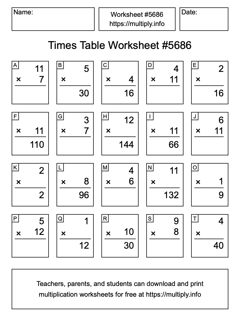 Times Table Worksheet #5686