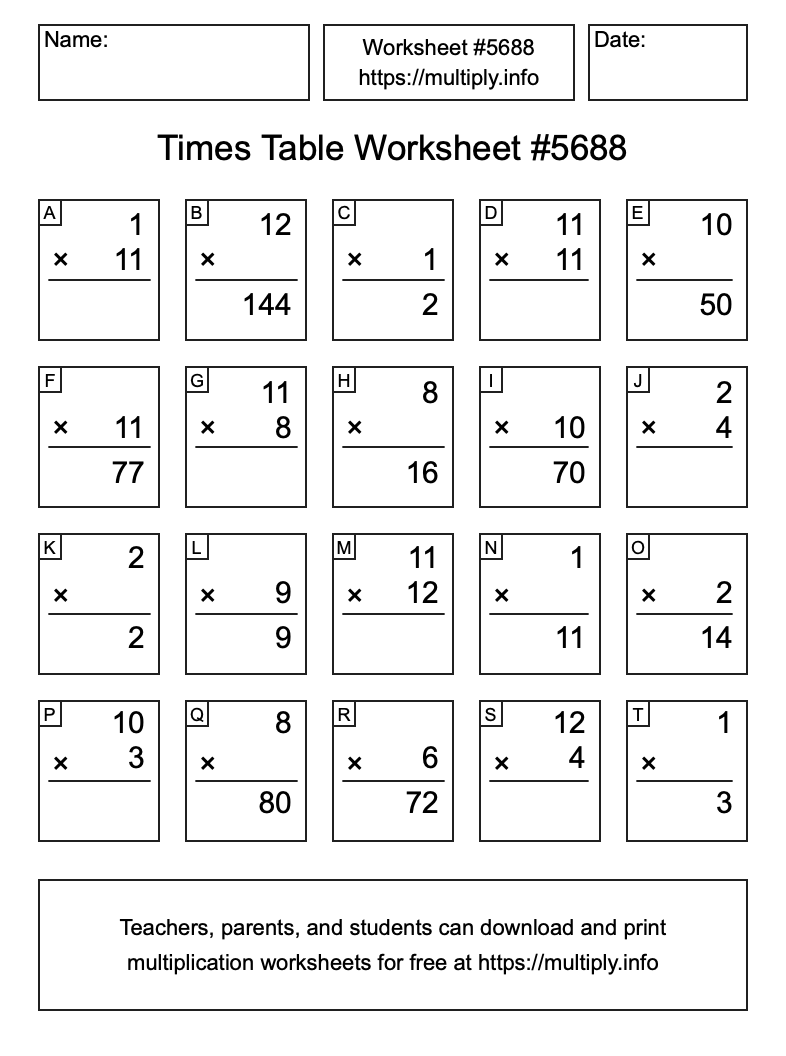 Times Table Worksheet #5688