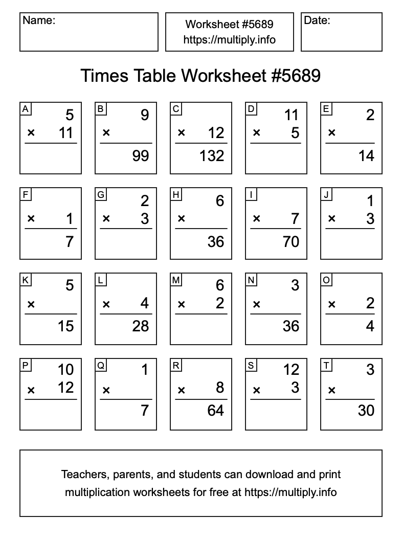 Times Table Worksheet #5689
