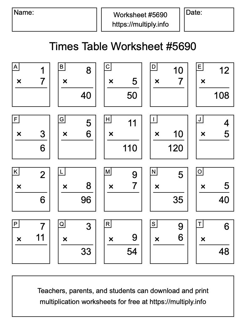 Times Table Worksheet #5690