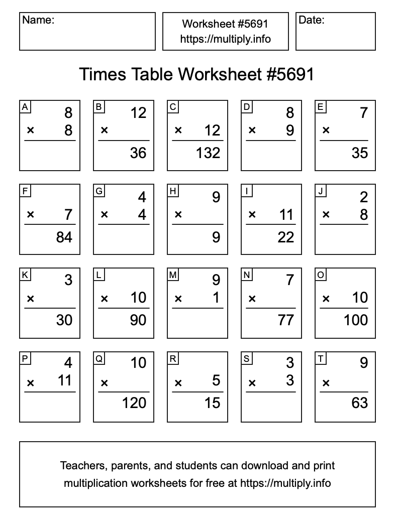 Times Table Worksheet #5691