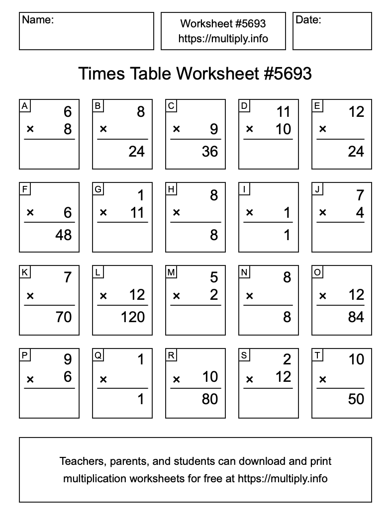 Times Table Worksheet #5693