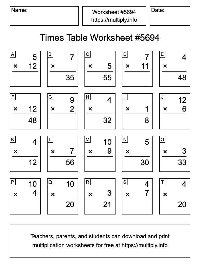 Times Table Worksheet #5694