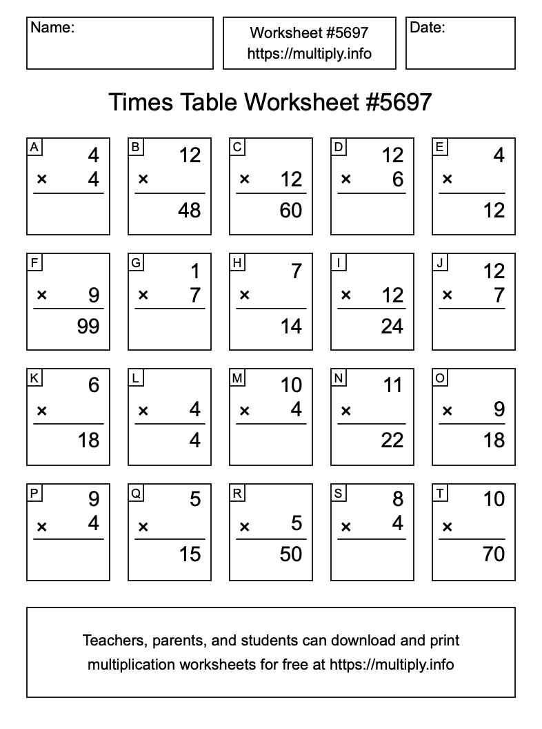 Times Table Worksheet #5697