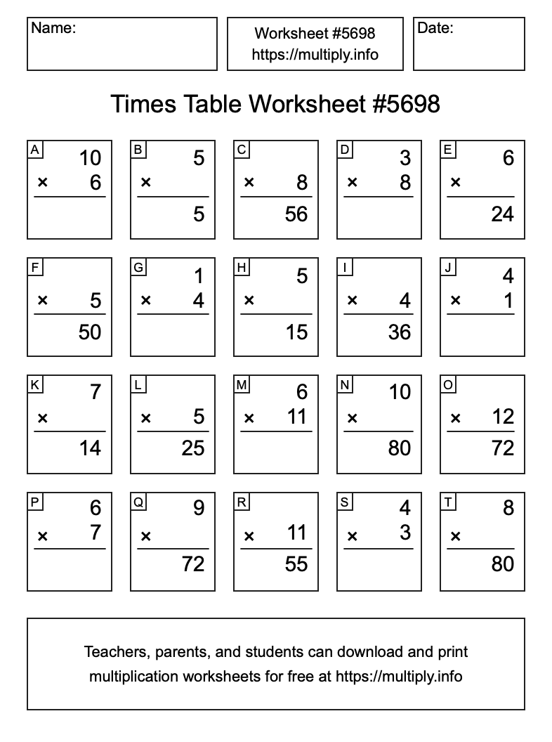 Times Table Worksheet #5698
