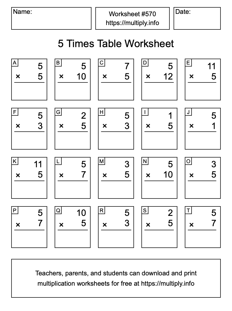 5 Times Table Worksheet #570
