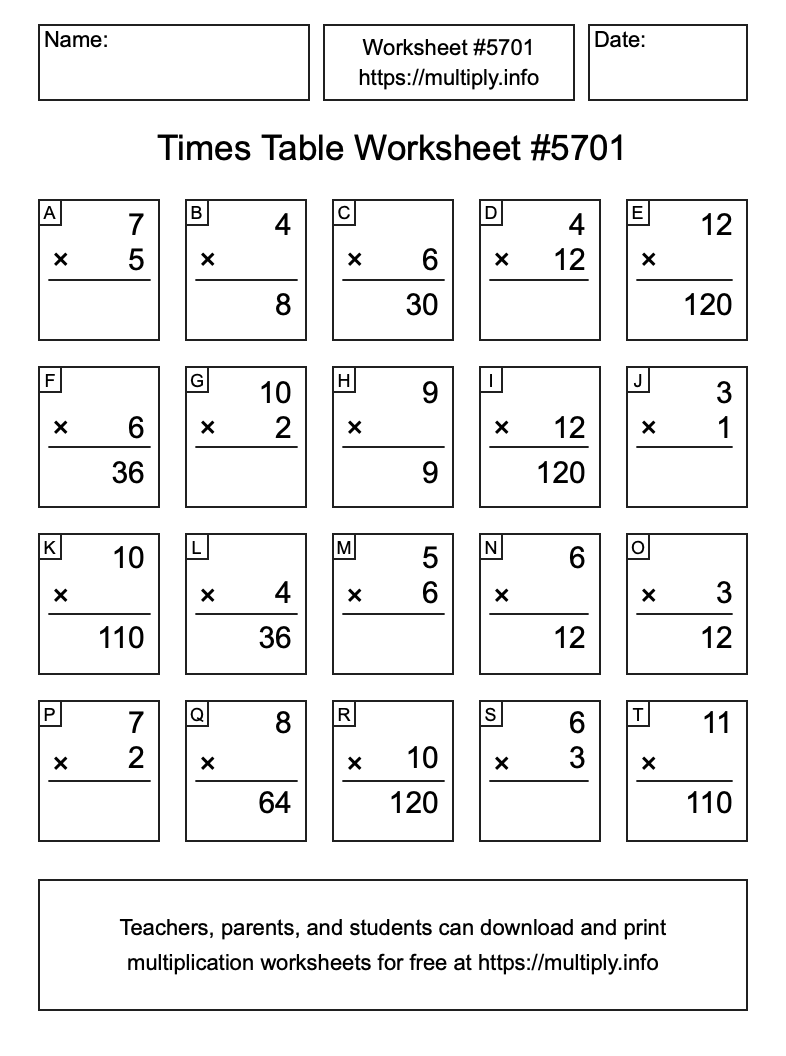 Times Table Worksheet #5701
