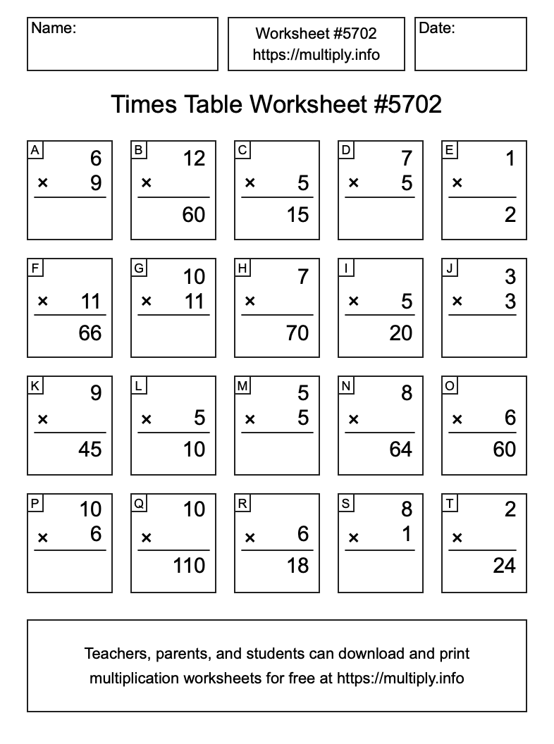 Times Table Worksheet #5702