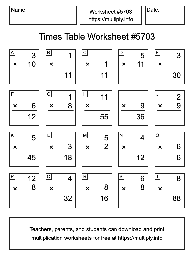 Times Table Worksheet #5703