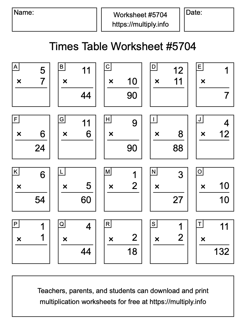 Times Table Worksheet #5704