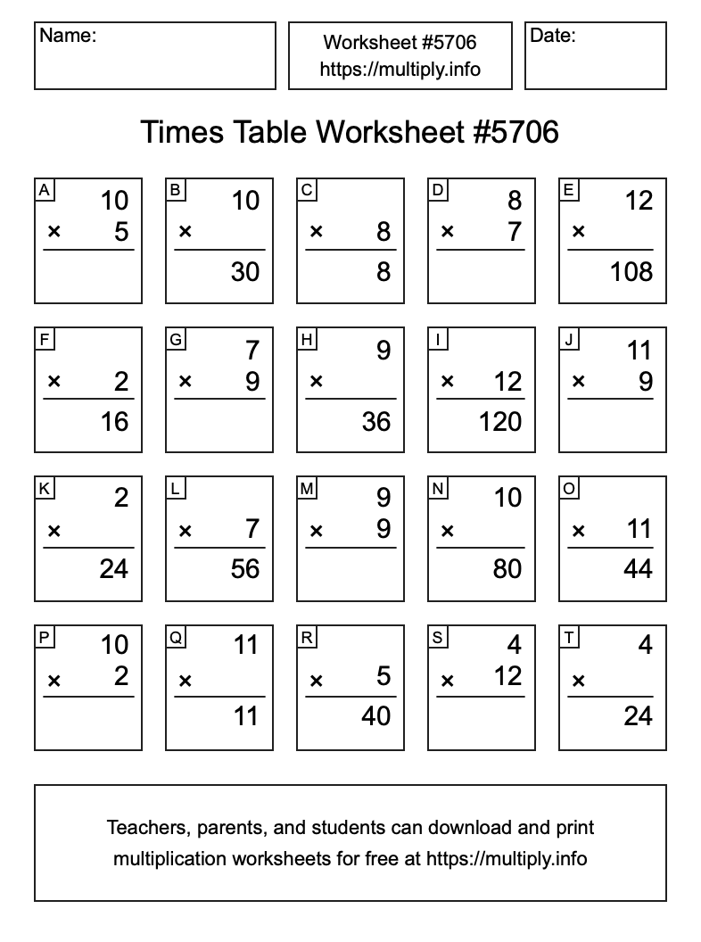 Times Table Worksheet #5706