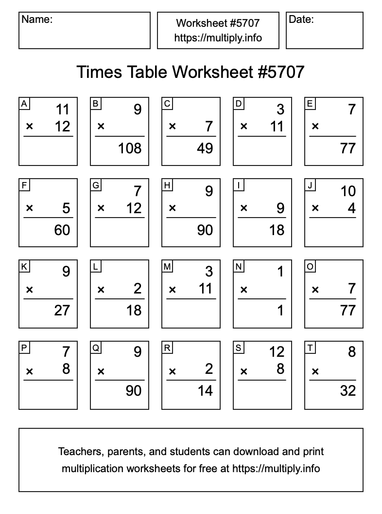 Times Table Worksheet #5707