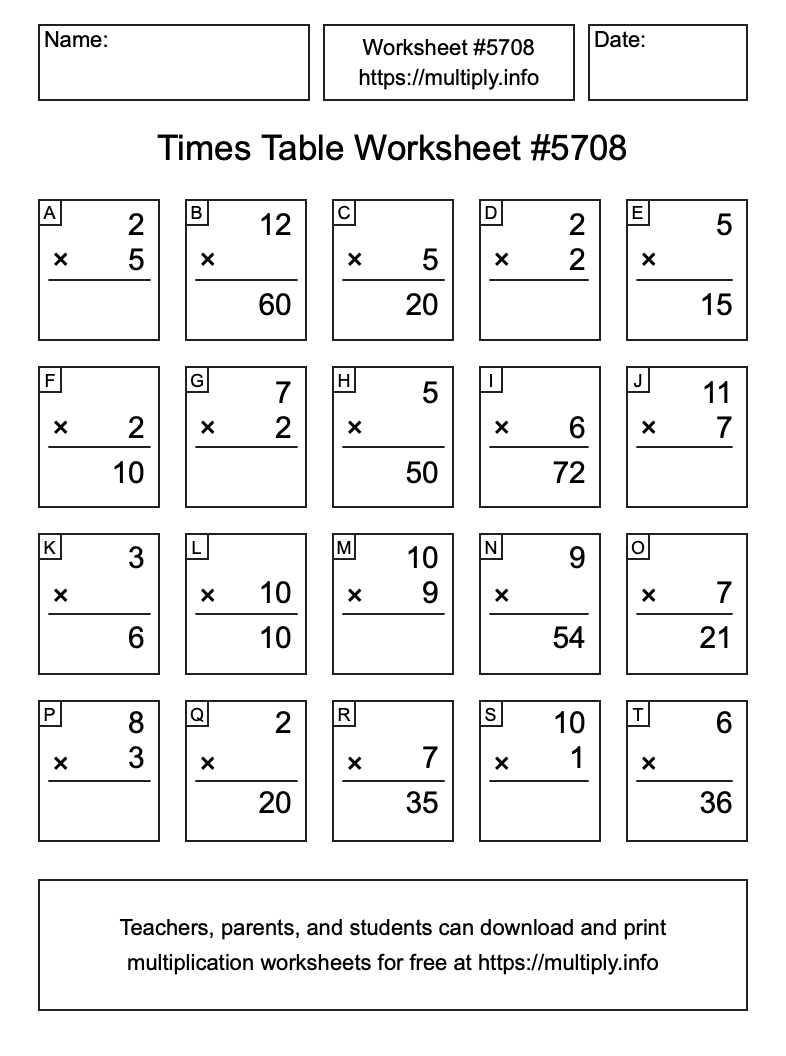 Times Table Worksheet #5708