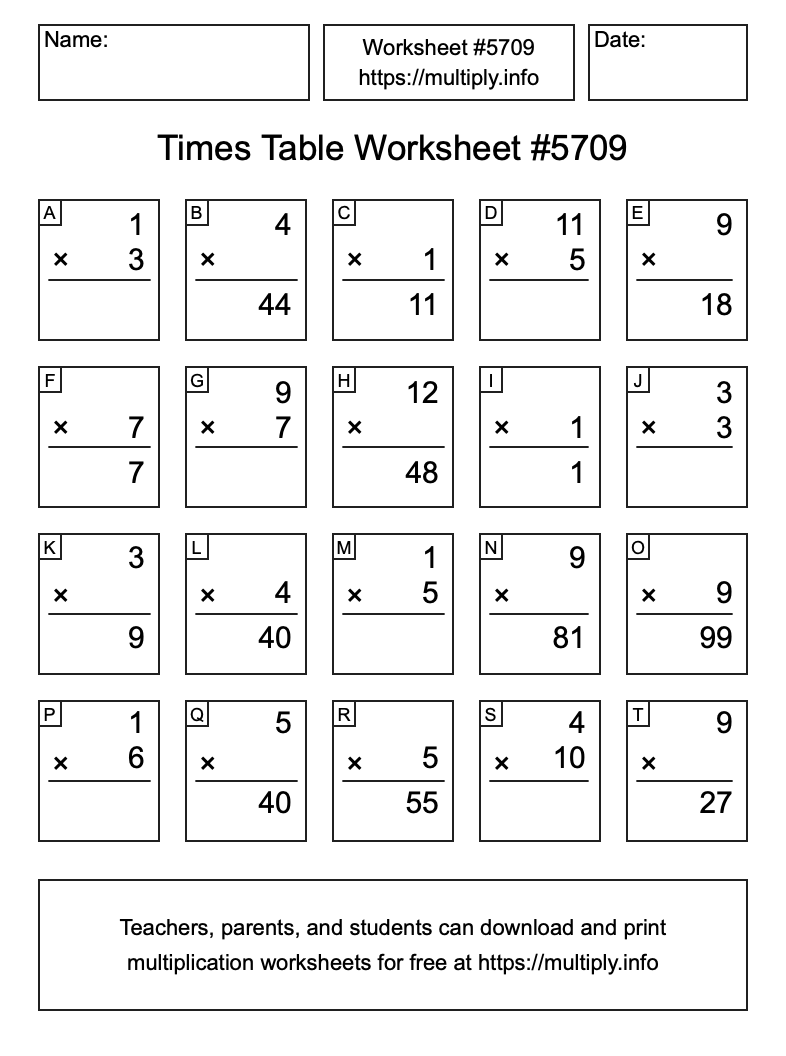 Times Table Worksheet #5709