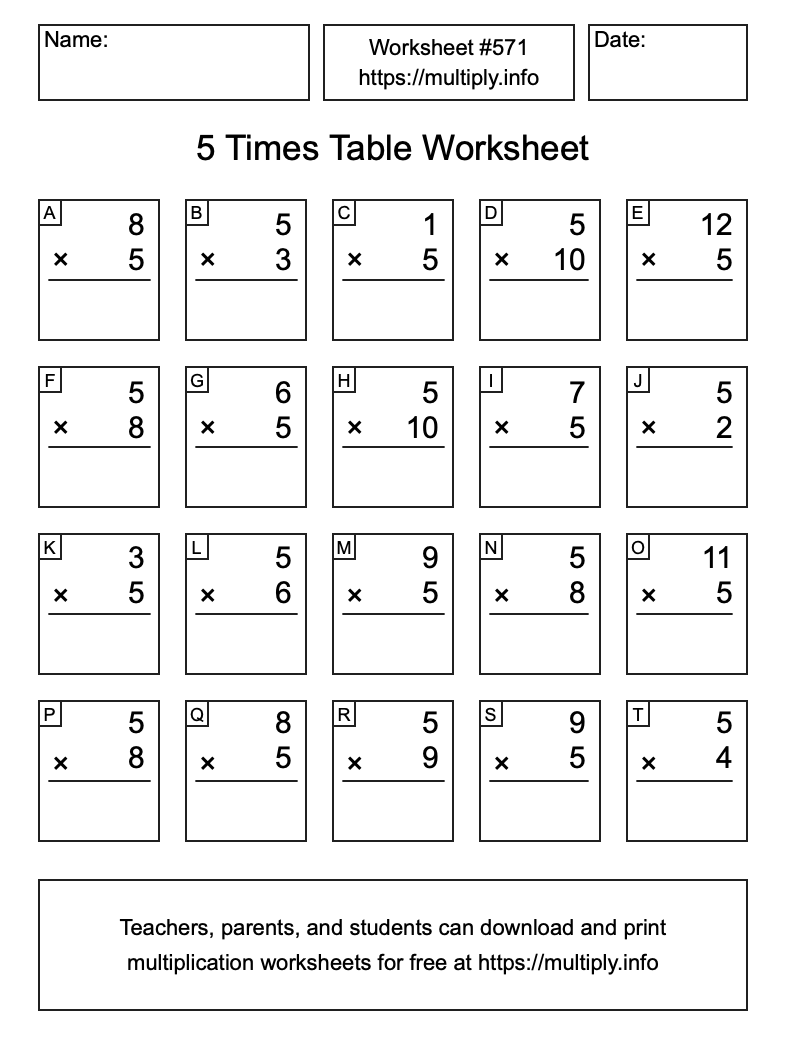 5 Times Table Worksheet #571