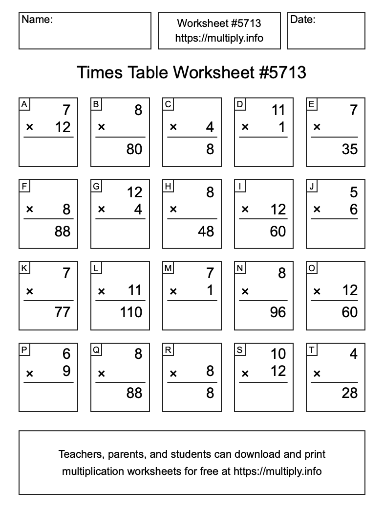 Times Table Worksheet #5713
