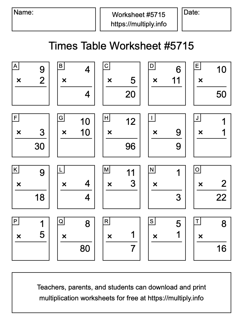 Times Table Worksheet #5715