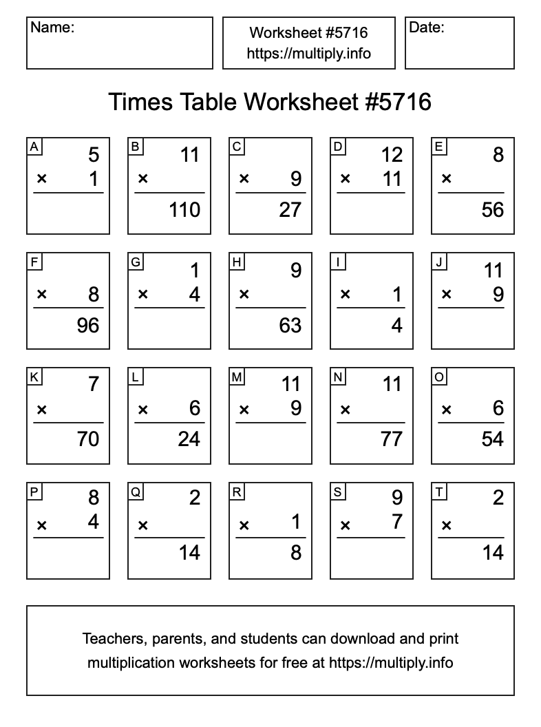 Times Table Worksheet #5716