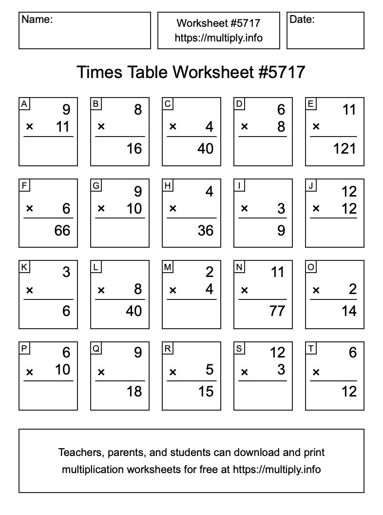 Times Table Worksheet #5717