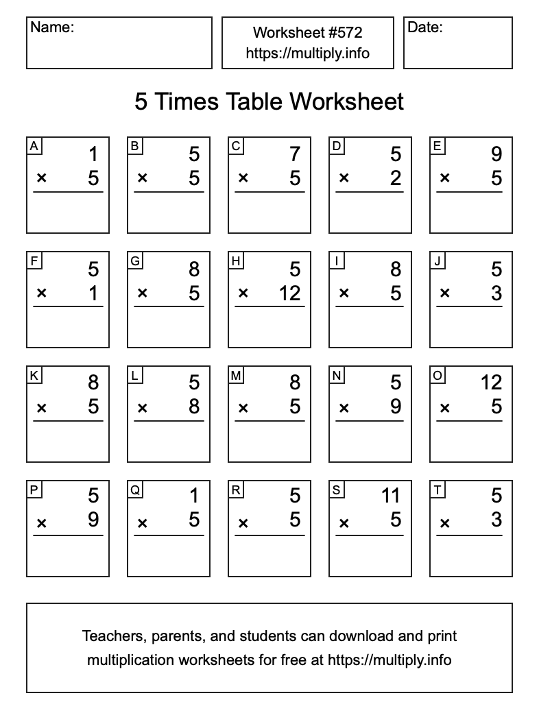 5 Times Table Worksheet #572