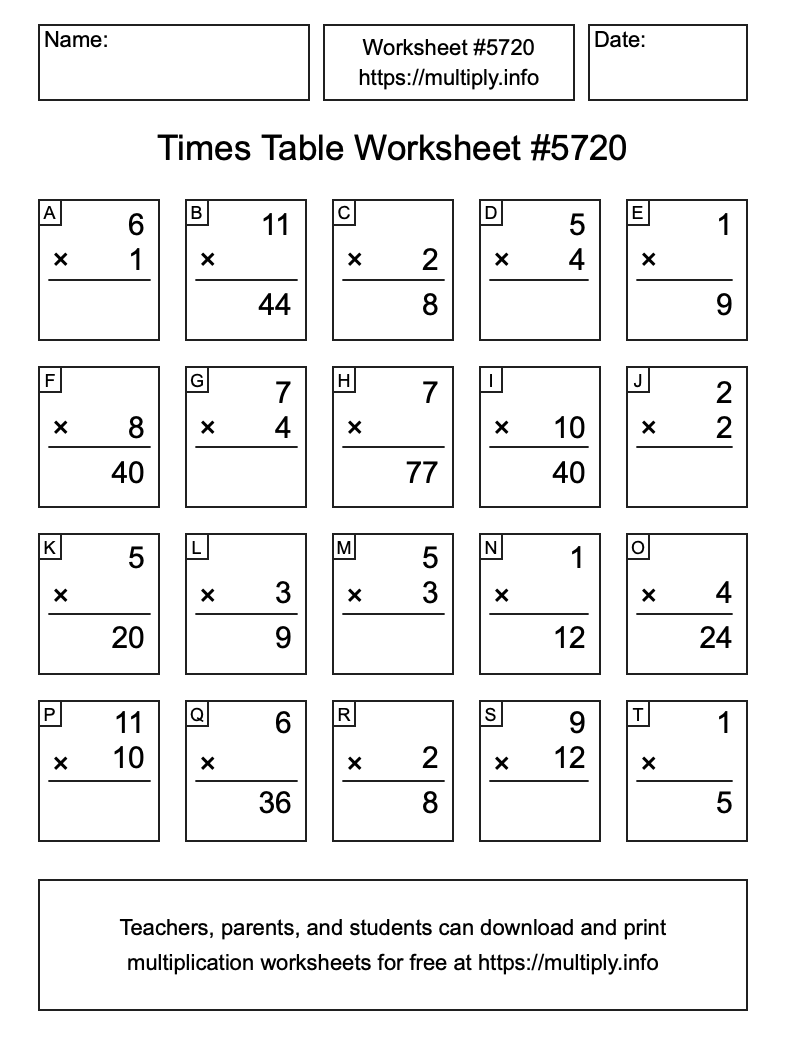 Times Table Worksheet #5720