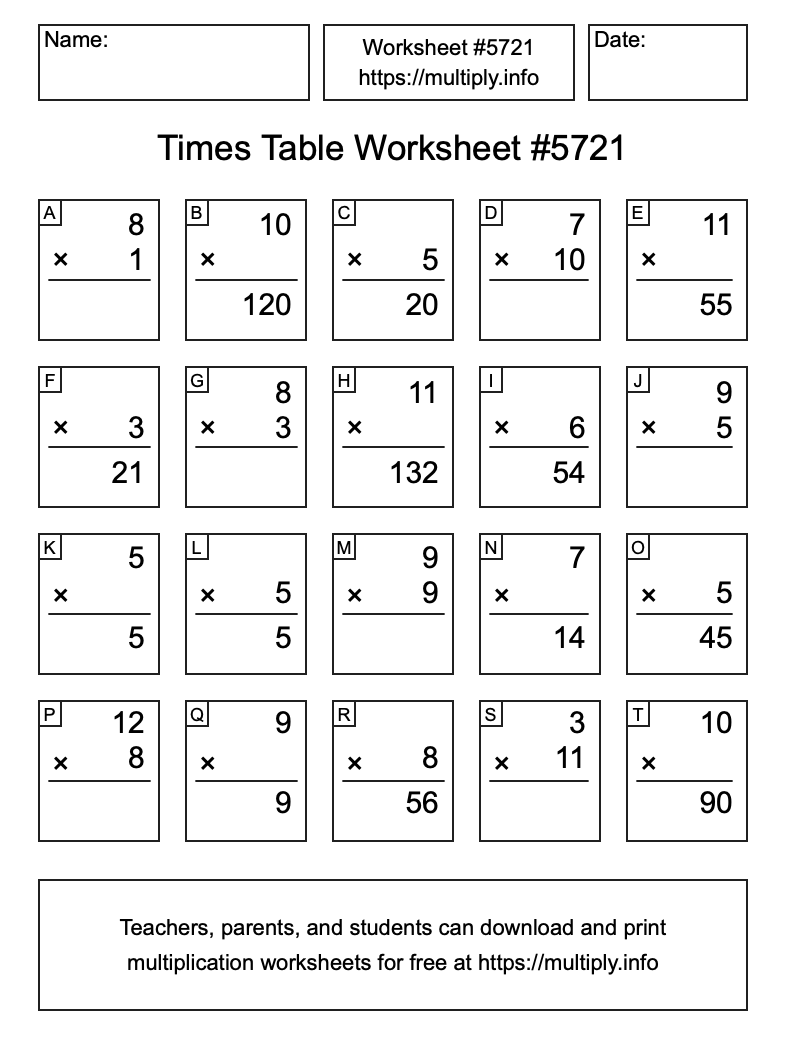 Times Table Worksheet #5721