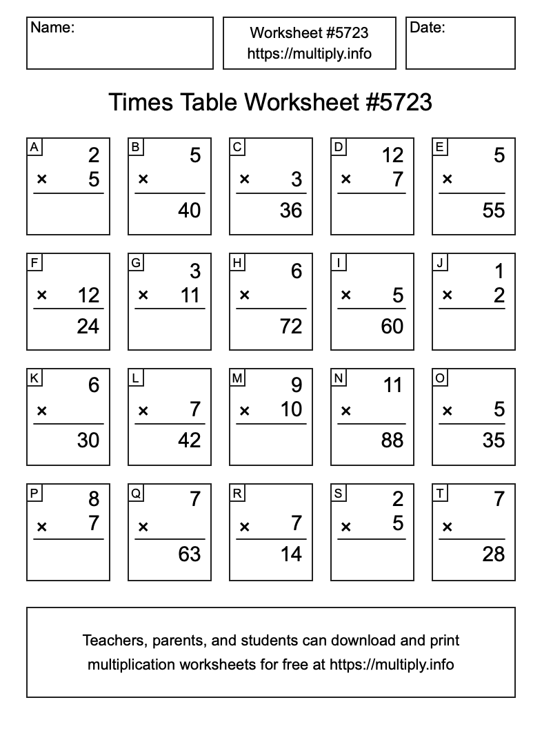 Times Table Worksheet #5723
