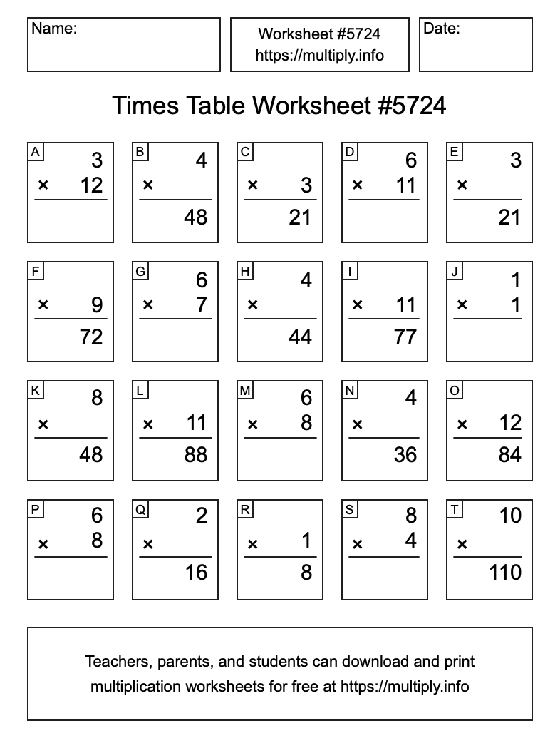 Times Table Worksheet #5724