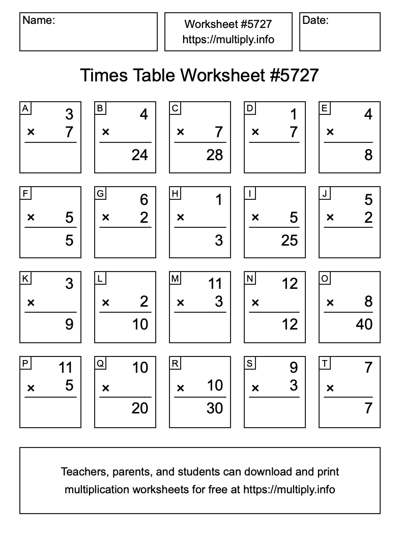 Times Table Worksheet #5727