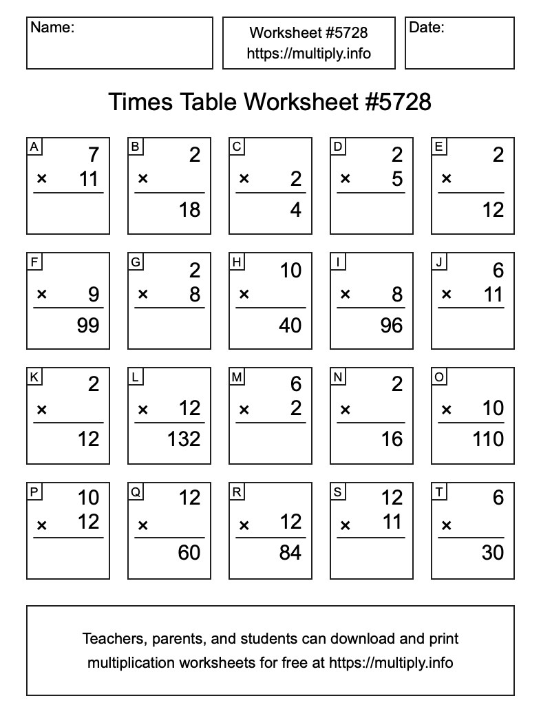 Times Table Worksheet #5728