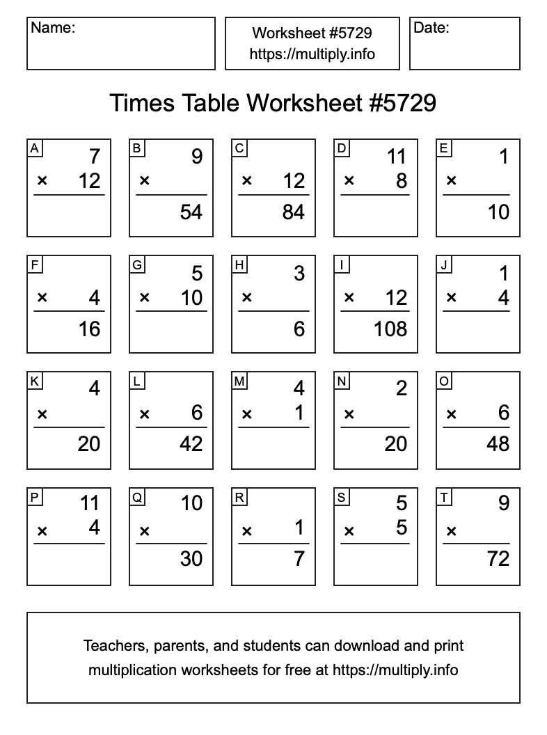 Times Table Worksheet #5729
