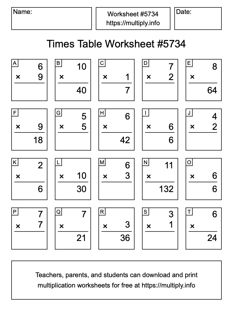 Times Table Worksheet #5734