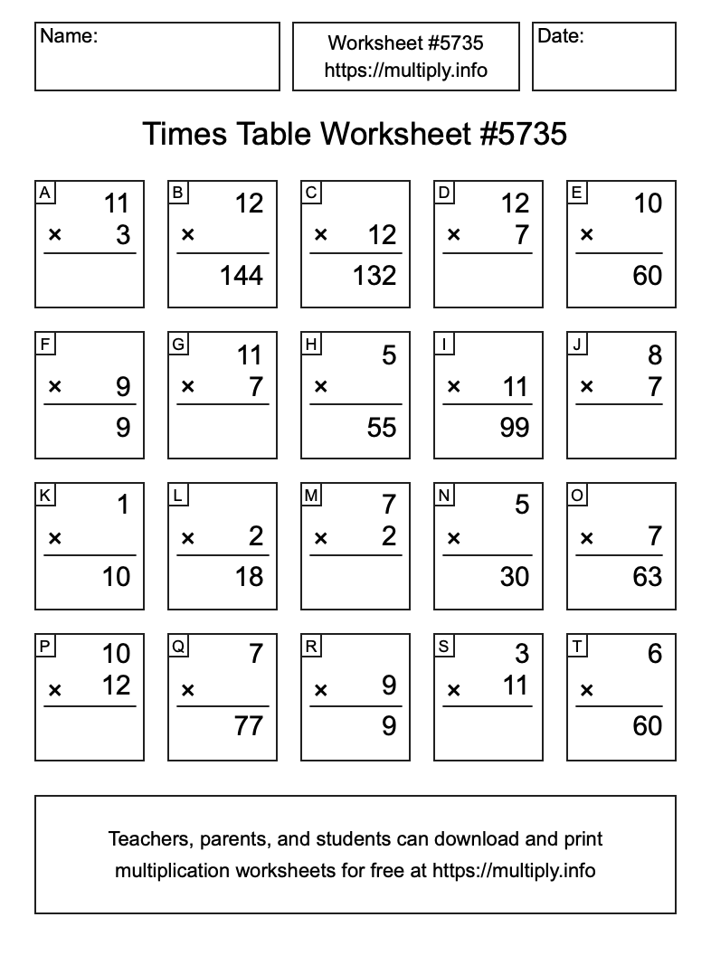 Times Table Worksheet #5735