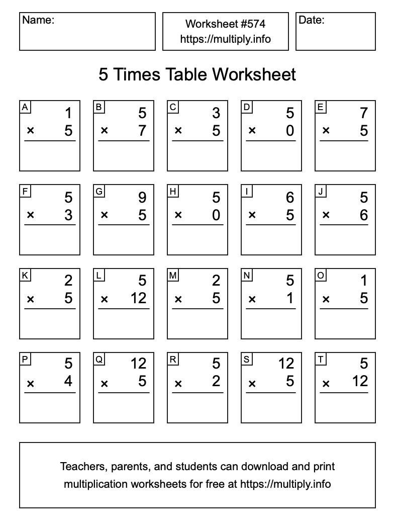 5 Times Table Worksheet #574