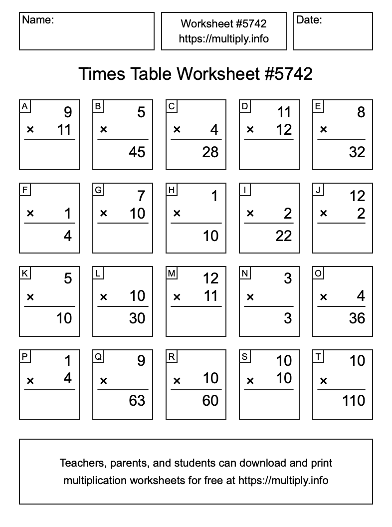 Times Table Worksheet #5742