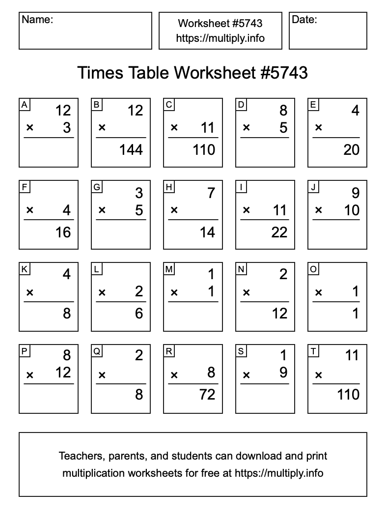Times Table Worksheet #5743